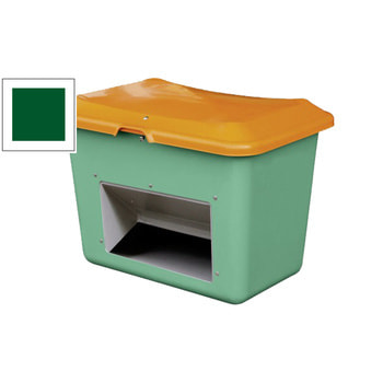 Streugutbehälter mit grünem Korpus und orangenem Deckel.