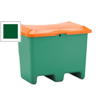 Streugutbehälter für Streusalz, Futtermittel, mit Staplersockel (Einfahrtaschen), 200 l Volumen, 690 x 890 x 600 mm (HxBxT), grün/orange, aus GFK Grün