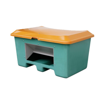 Streugutbehälter für Streusalz, Futtermittel, Entnahmeöffnung und Staplersockel, 400 l Volumen, 680 x 1.210 x 820 mm (HxBxT), grün/orange, aus GFK Streugutbehälter für Streusalz, Futtermittel, Entnahmeöffnung und Staplersockel, 400 l Volumen, 680 x 1.210 x 820 mm (HxBxT), grün/orange, aus GFK
