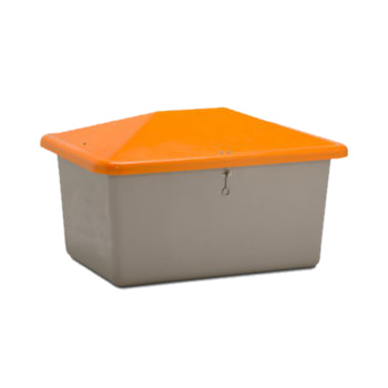 Streugutbehälter für Streusalz, Winterstreumittel, Futtermittel, 550 l Volumen, 780 x 1.340 x 990 mm (HxBxT), GFK, grau/orange Streugutbehälter für Streusalz, Winterstreumittel, Futtermittel, 550 l Volumen, 780 x 1.340 x 990 mm (HxBxT), GFK, grau/orange