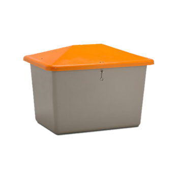 Streugutbehälter für Streusalz, Winterstreumittel, Futtermittel, 700 l Volumen, 960 x 1.340 x 990 mm (HxBxT), GFK, grau/orange Streugutbehälter für Streusalz, Winterstreumittel, Futtermittel, 700 l Volumen, 960 x 1.340 x 990 mm (HxBxT), GFK, grau/orange