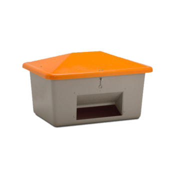 Streugutbehälter für Streusalz, Winterstreumittel, Futtermittel, mit Entnahmeöffnung, 550 l Volumen, 780 x 1.340 x 990 mm (HxBxT), grau/orange GFK
