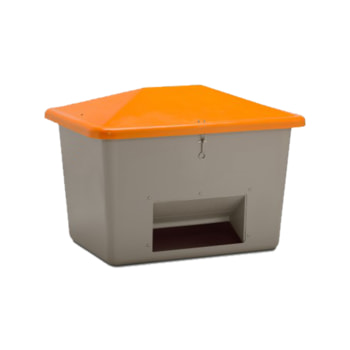 Streugutbehälter für Streusalz, Winterstreumittel, Futtermittel, mit Entnahmeöffnung, 700 l Volumen, 960 x 1.340 x 990 mm (HxBxT), grau/orange GFK