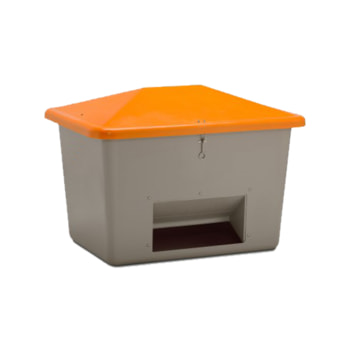 Streugutbehälter für Streusalz, Winterstreumittel, Futtermittel, mit Entnahmeöffnung, 700 l Volumen, 960 x 1.340 x 990 mm (HxBxT), grau/orange GFK Streugutbehälter für Streusalz, Winterstreumittel, Futtermittel, mit Entnahmeöffnung, 700 l Volumen, 960 x 1.340 x 990 mm (HxBxT), grau/orange GFK