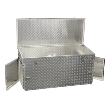 Riffelblech Aluminiumbox - Deckel mit Gasdruckdämpfer - Griffe und Verschlüsse aus Edelstahl - mit seitlichen Türen - Volumen 883 Liter 
