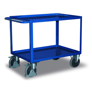Tischwagen mit Stahlwanne - 2 Etagen - Traglast 400 kg - Griff waagerecht - enzianblau - Ladefläche wählbar 