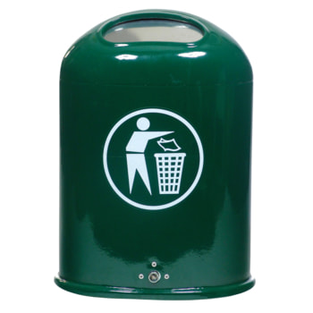 Ovaler Abfallbehälter mit Federklappe - mit Aufkleber - Pfosten-/Wandmontage - 45 l - Farbe wählbar 