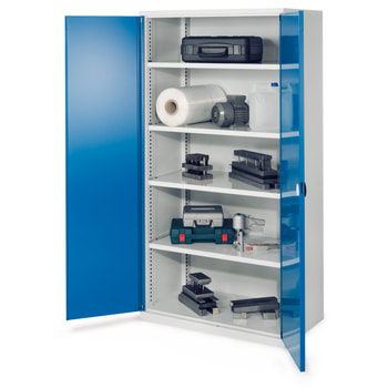 Abbildung zeigt Schwerlastschrank mit Vollblechtüren in der Farbe enzianblau (RAL 5010) Abbildung zeigt Schwerlastschrank mit Vollblechtüren in der Farbe enzianblau (RAL 5010)