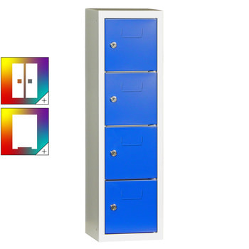 Beispielabbildung Schließfachsäule, hier in der Farbkombination Lichtgrau/Enzianblau, mit Etikettenrahmen