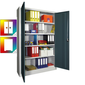 Flügeltürenschrank - Vollblechtüren - 1.950x1.200x600 mm (HxBxT) - 4 Einlegeböden verzinkt - Zylinderschloss - Farbe wählbar 