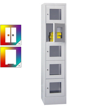 Schließfachschrank - Sichtfenstertüren - 5 Fächer a 400 mm - 1.850x400x500 mm (HxBxT) - Sockel - Drehriegel - Farbe wählbar 