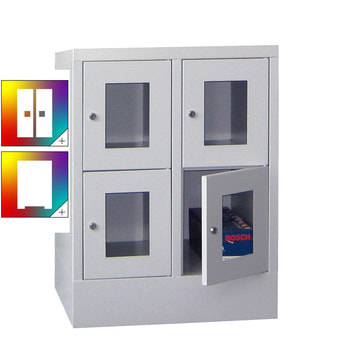 Schließfachschrank - Sichtfenstertüren - 4 Fächer a 300 mm - 855x600x500 mm (HxBxT) - Sockel - Drehriegel - Farbe wählbar 