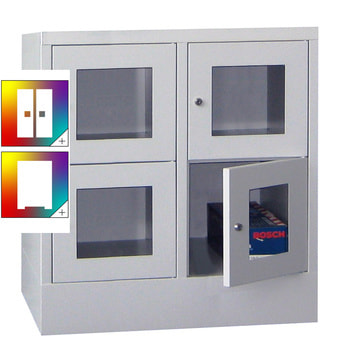 Schließfachschrank - Sichtfenstertüren - 4 Fächer a 400 mm - 855x800x500 mm (HxBxT) - Sockel - Drehriegel - Farbe wählbar 