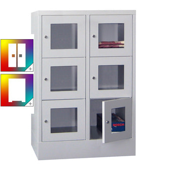 Schließfachschrank - Sichtfenstertüren - 6 Fächer a 400 mm - 1.187x800x500 mm (HxBxT) - Sockel - Drehriegel - Farbe wählbar 