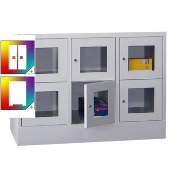Schließfachschrank - Sichtfenstertüren - 6 Fächer a 300 mm - 855x900x500 mm (HxBxT) - Sockel - Drehriegel - Farbe wählbar 