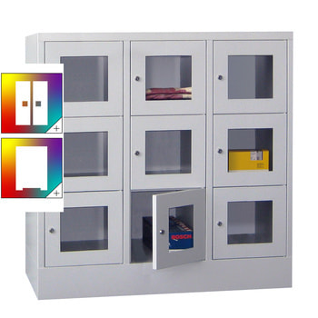 Schließfachschrank - Sichtfenstertüren - 9 Fächer a 400 mm - 1.187x1.200x500 mm (HxBxT) - Sockel - Drehriegel - Farbe wählbar 