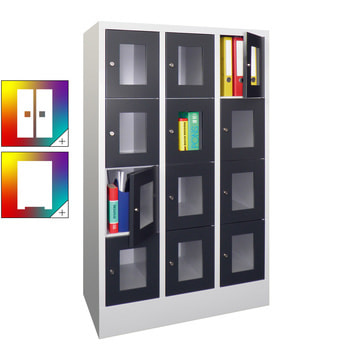 Schließfachschrank - Sichtfenstertüren - 12 Fächer a 300 mm - 1.518x900x500 mm (HxBxT) - Sockel - Zylinderschloss - Farbe wählbar 