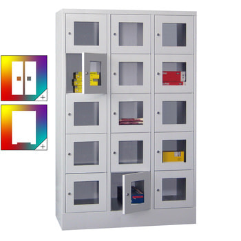 Schließfachschrank - Sichtfenstertüren - 15 Fächer a 400 mm - 1.850x1.200x500 mm (HxBxT) - Sockel - Zylinderschloss - Farbe wählbar 