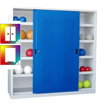 Ballschrank - Schiebetüren mit Lochfeld - Trennwand - 8 Böden - 1.950x2.000x600 mm (HxBxT) - Farbe wählbar 