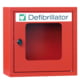 Beispielabbildung des Defibrillatorenschrankes in RAL 3000 feuerrot, hier in der Ausführung ohne Alarm