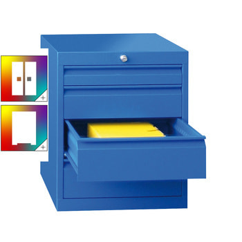 Beispielabbildung: Werkzeug-Schubladenschrank in enzianblau (RAL 5010), hier in der Ausführung mit 4 Schubladen, 1x75 mm, 1x125 mm, 2x150 mm