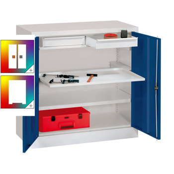 Stahlschrank - Vollblechtür - 1 Einlegeboden, 1 Ausziehboden, 2 Schubladen - 1.000x1.000x500 mm (HxBxT) - Farbe wählbar 