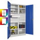 Beispielabbildung: Schwerlastschrank, Korpus in Lichtgrau (RAL 7035) und Front in enzianblau (RAL 5010), hier in der Ausführung mit 8 Böden und 6 Schubladen