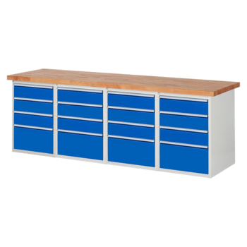 Beispielabbildung: Werkbank mit 16 Schubladen, hier in der Ausführung 840 x 2.500 x 700 mm (HxBxT) Beispielabbildung: Werkbank mit 16 Schubladen, hier in der Ausführung 840 x 2.500 x 700 mm (HxBxT)