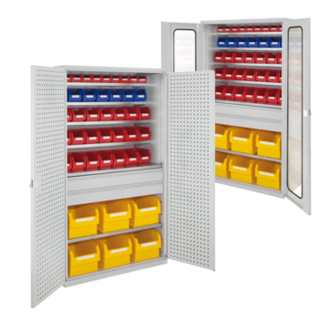 Magazinschrank - 44 Sichtlagerkästen - 2 Schubladen - 6 Böden - 1.950 x 1.130 x 590 mm (HxBxT) - lichtgrau Magazinschrank - 44 Sichtlagerkästen - 2 Schubladen - 6 Böden - 1.950 x 1.130 x 590 mm (HxBxT) - lichtgrau