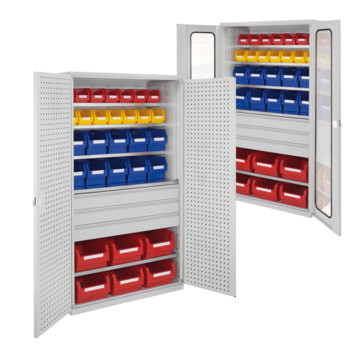 Magazinschrank - 30 Sichtlagerkästen - 3 Schubladen - 5 Böden - 1.950 x 1.130 x 590 mm (HxBxT) - lichtgrau Magazinschrank - 30 Sichtlagerkästen - 3 Schubladen - 5 Böden - 1.950 x 1.130 x 590 mm (HxBxT) - lichtgrau