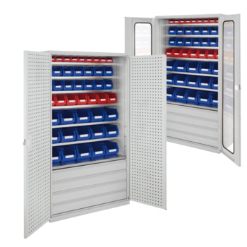 Magazinschrank - 46 Sichtlagerkästen - 4 Schubladen - 7 Böden - 1.950 x 1.130 x 590 mm (HxBxT) - lichtgrau Magazinschrank - 46 Sichtlagerkästen - 4 Schubladen - 7 Böden - 1.950 x 1.130 x 590 mm (HxBxT) - lichtgrau