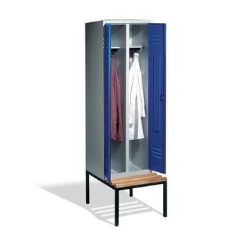 Doppel-Spindschrank mit Doppeltür, Umkleide, Garderobe, Kunststoff Sitzbank, 2 Abteile a 400 mm, Türfarbe wählbar, 2.090 x 810 x 815 mm (HxBxT) 