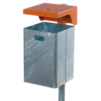 Beispielabbildung Abfallbehälter mit Haube und Ascher, hier mit feuerverzinktem Behälter und Haube in Gelborange (RAL 2000)