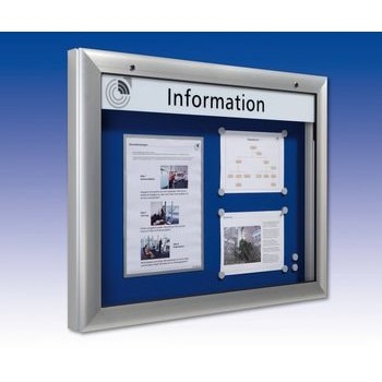 Beispielabbildung zeigt Schaukasten im Querformat mit Rückwand in blau. Aufschrift Information oder anderer Text gegen Aufpreis