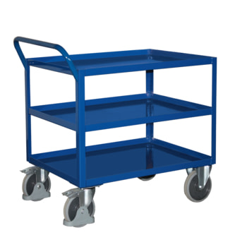 Tischwagen mit Stahlwanne - 3 Etagen - Traglast 400 kg - Griff senkrecht - enzianblau - Ladefläche wählbar Tischwagen mit Stahlwanne - 3 Etagen - Traglast 400 kg - Griff senkrecht - enzianblau - Ladefläche wählbar