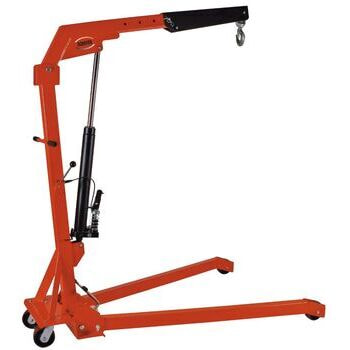 Werkstattkran, Montagekran, Hebekran, max. Tragkraft 1.000 kg, Fahrgestell gespreizt, klappbar, manuelle Handpumpe, Motorheber, rot/schwarz
