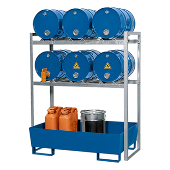 Fassregal für 6 x 60 l Fässer, Auffangwanne aus Stahl Fassregal für 6 x 60 l Fässer, Auffangwanne aus Stahl