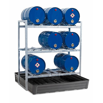 Fassregal für 9 x 60 l Fässer, Auffangwanne aus Polyethylen Fassregal für 9 x 60 l Fässer, Auffangwanne aus Polyethylen