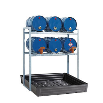 Fassregal für 6 x 60 l Fässer, Auffangwanne aus Polyethylen Fassregal für 6 x 60 l Fässer, Auffangwanne aus Polyethylen