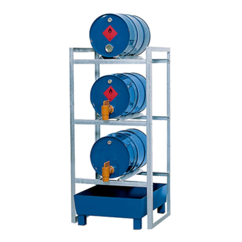 Fassregal für 3 x 60 l Fässer, Auffangwanne aus Stahl Fassregal für 3 x 60 l Fässer, Auffangwanne aus Stahl