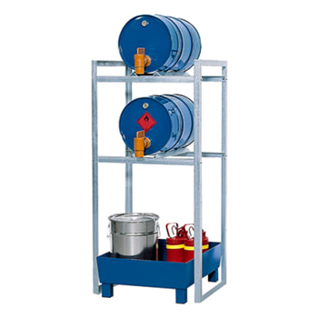 Fassregal, Stahl - Auffangwanne PE, blau - 60 l - Kapazität 2 x 60 l Fässer - 1.570 x 750 x 800 mm (HxBxT) 