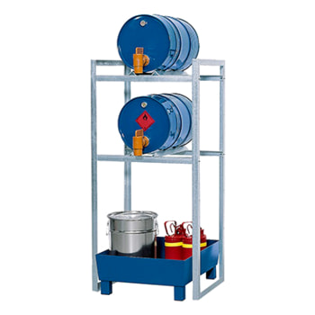 Beispielabbildung Fassregal: hier in der Ausführung für 2 x 60 l Fässer, Auffangwanne aus Stahl Beispielabbildung Fassregal: hier in der Ausführung für 2 x 60 l Fässer, Auffangwanne aus Stahl