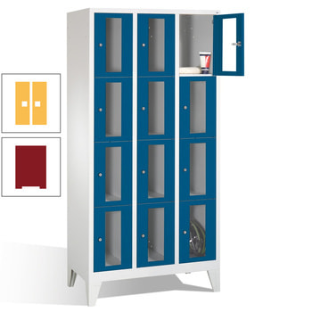 Spindschrank, Schließfächer, Sichtfenster, 3 Abteile, 12 Fächer, Korpus rubinrot, Türen Sonnengelb, 1.850 x 1.200 x 500 mm (HxBxT) RDS 0808060 Sonnengelb | RAL 3003 Rubinrot