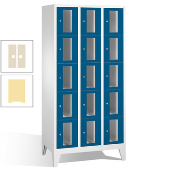 Spindschrank, Schließfächer, Sichtfenster, 3 Abteile, 15 Fächer, Korpus Pastellgelb, Türen Perlweiß, 1.850 x 1.200 x 500 mm (HxBxT) RAL 1013 Perlweiß | RDS 0959030 Pastellgelb