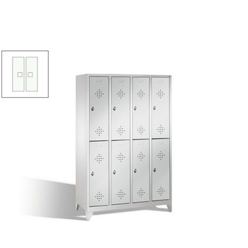 Garderobenschrank, 4 Abteile, 8 Fächer, 1.850 x 1.190 x 500 mm (HxBxT), Drehriegel, Füße, Korpus enzianblau, Türen verkehrsweiß RAL 9016 Verkehrsweiß