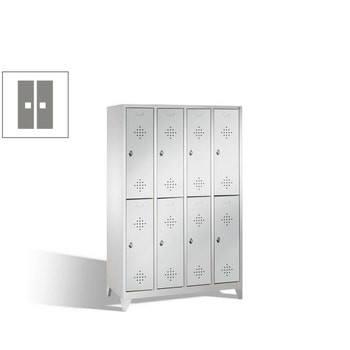 Garderobenschrank, 4 Abteile, 8 Fächer, 1.850 x 1.190 x 500 mm (HxBxT), Drehriegel, Füße, Korpus lichtgrau, Türen graualuminium RAL 9007 Graualuminium