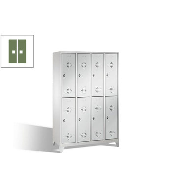 Garderobenschrank, 4 Abteile, 8 Fächer, 1.850 x 1.590 x 500 mm (HxBxT), Drehriegel, Füße, Korpus rubinrot, Türen resedagrün RAL 6011 Resedagrün