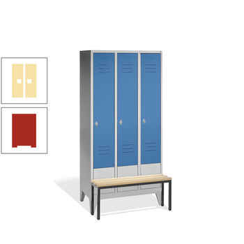 Garderobenschrank, Spind, Buche Sitzbank vorgebaut, 3 Abteile a 300 mm, Korpus feuerrot, Tür Pastellgelb, 1.850 x 900 x 815 mm (HxBxT) RDS 0959030 Pastellgelb | RAL 3000 Feuerrot