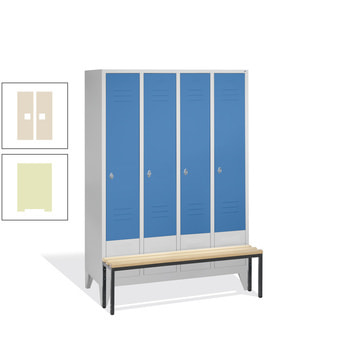 Garderobenschrank, Spind, Buche Sitzbank vorgebaut, 4 Abteile a 300 mm, Korpus Pastellgrün, Tür Perlweiß, 1.850 x 1.190 x 815 mm (HxBxT) RAL 1013 Perlweiß | RDS 1109020 Pastellgrün