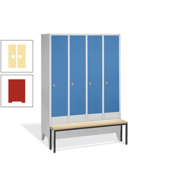 Garderobenschrank, Spind, Buche Sitzbank vorgebaut, 4 Abteile a 400 mm, Korpus feuerrot, Tür Pastellgelb, 1.850 x 1.590 x 815 mm (HxBxT) RDS 0959030 Pastellgelb | RAL 3000 Feuerrot